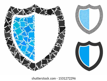 Shield mosaic of rugged items in various sizes and shades, based on shield icon. Vector inequal items are grouped into collage. Shield icons collage with dotted pattern.