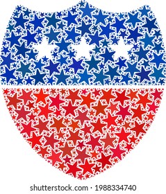 Shield mosaic of stars in various sizes and color tinges. Shield illustration uses American official blue and red colors of Democratic and Republican political parties, and star parts.