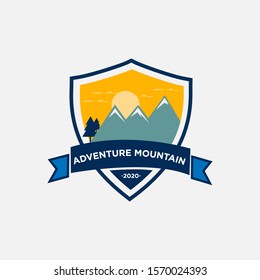 Shield Mountain adventure Logo design vector