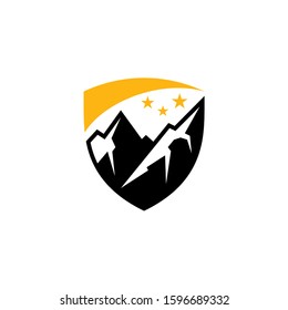 Shield mountain logo design. Extreme sport, adventure traveling, shielding, nature landscape, summit logo