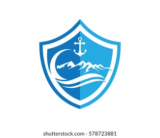 Shield with mountain wave Logo template vector illustration