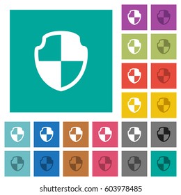 Shield multi colored flat icons on plain square backgrounds. Included white and darker icon variations for hover or active effects.