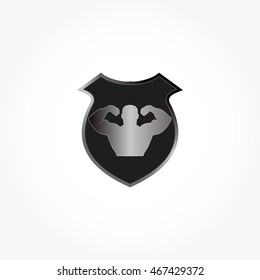 shield with a muscle man shape on it