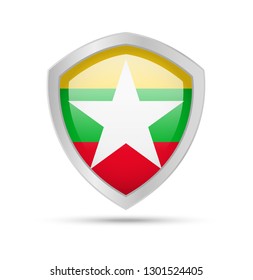 Shield with Myanmar flag on white background. Vector illustration.
