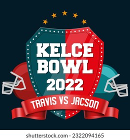 escudo con el nombre de Kelce Bowl. Dos cascos lo decoran y una cinta anuncia los nombres de los jugadores Travis y Jacson.