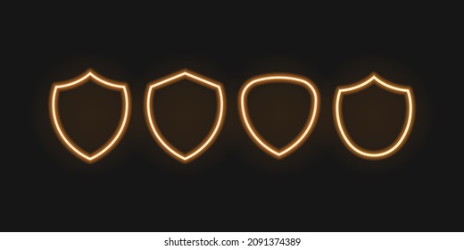 Shield neon light icon set. Guard shields armour vector shiny laser collection.