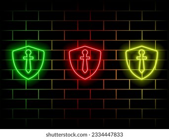 Shield neon light icon set. sword style. Guard shields armor vector glowing laser collection... green, red, yellow, pink, blue, orange.