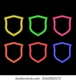 Shield neon light icon set. Guard shields armour vector shiny laser collection..