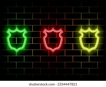shield neon sign, bright banner modern design, modern design colorful trend. Vector illustration... green, red, yellow, pink, blue, orange.
