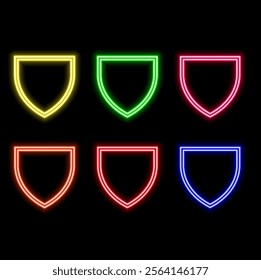 shield neon sign, modern glow banner design, colorful modern design trends on black background. Vector illustration..