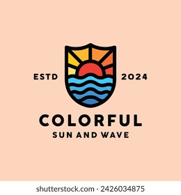 Shield Ocean Wave Logo Colorful Vector, Sunrise Icon Symbol, Bright Sun Creative Vintage graphic Design