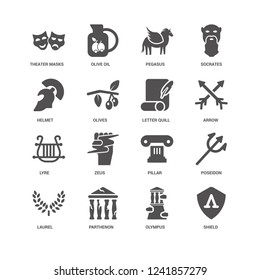 Shield, Olives, Theater Masks, Olive oil, Poseidon, Pillar, Zeus, Olympus icon 16 set EPS 10 vector format. Icons optimized for both large and small resolutions.