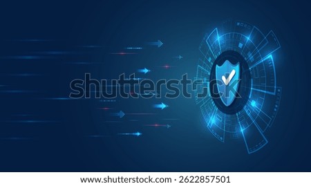 Shield on a futuristic digital background. Concept of cybersecurity, antivirus protection and secure data transfer in a high-tech environment. Protection of information and Internet projects.