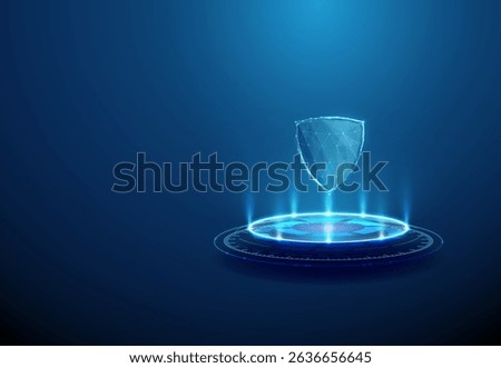 Shield on futuristic podium. Cybersecurity, digital protection, data security, encryption technology concept. Glowing shield symbol, sci-fi platform. 3D graphic with neon lighting, light beams Vector.