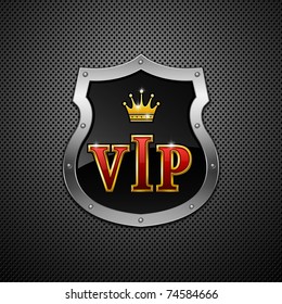 Escudo sobre un fondo metálico. Vip. Ilustración vectorial.