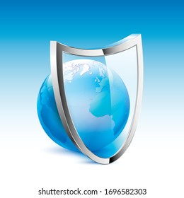 Shield on planet earth. Concept of global protection against coronavirus. Vector illustration.