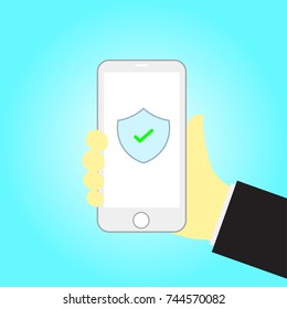 Shield on smartphone screen. Hand holds the smartphone. Modern Flat design illustration.