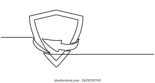Escudo de una línea continua dibujada. Escudo, protección, icono de línea continua de seguridad Escudo de seguridad dibujado en una línea. Concepto de seguridad y protección. Ilustración vectorial. Trazo editable.