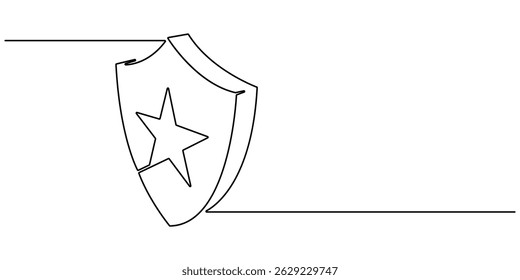 Escudo de una línea continua dibujada. Escudo, protección, icono de línea continua de seguridad Escudo de seguridad dibujado en una línea. Concepto de seguridad y protección. Ilustración vectorial. Trazo editable.