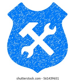 Shield Options grainy textured icon for overlay watermark stamps. Flat symbol with dirty texture. Dotted vector blue ink rubber seal stamp with grunge design on a white background.