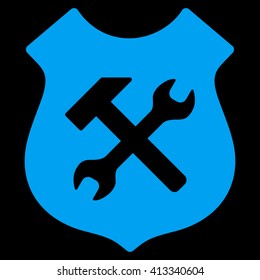 Shield Options vector icon. Style is flat icon symbol, blue color, black background.