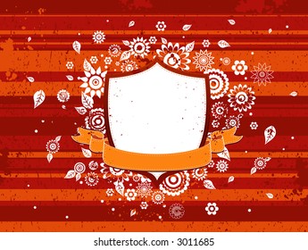 Shield, orange ribbon and decorative flowers