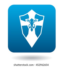 Shield with ornament icon in simple style in blue square. Weapon for combat symbol