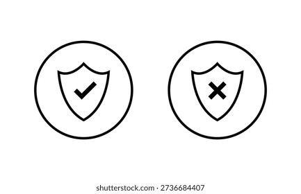 Shield outline with check and cross icon in circular outline. Protection and unprotection symbol. Safety and unsafe sign