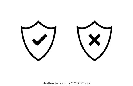 Shield outline with check and cross mark icon. Protection and unprotection symbol. Safety and unsafe sign