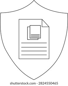 Shield outline contains document outline with folded corner and small stacked pages with lines
