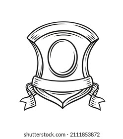 Shield outline icon. First place winner, trophy, sport award. Drawn monochrome shield first place simple vintage engraving style.