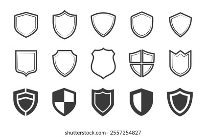 Shield outline icon set in vintage style. Protect shield security line icons. Badge quality symbol, sign, logo or emblem. set of different Shields icon set. Protect shield security vector.