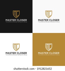 Shield outline logo with four letters layout isolated on white, black, brown, EPS 10 background