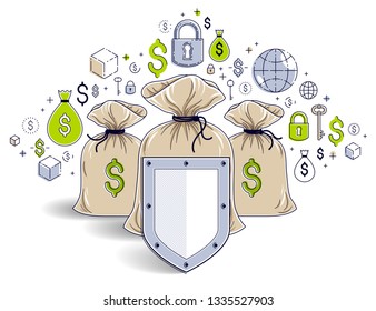 Shield over 3 money bags,  financial security concept, business and finance protection, investments credits and deposit banking idea, vector design.