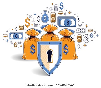 Shield over 3 money bags,  financial security concept, business and finance protection, investments credits and deposit banking idea, vector design.
