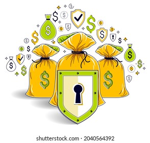 Shield over 3 money bags,  financial security concept, business and finance protection, investments credits and deposit banking idea, vector design.