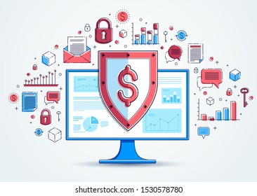 Shield over computer monitor and dollar set of icons, internet financial security concept, online finance protection, vector flat thin line design, elements can be used separately.