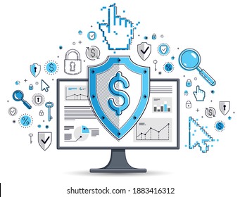 Shield over computer monitor and dollar set of icons, internet financial security concept, online finance protection, vector flat thin line design, elements can be used separately.
