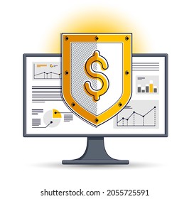 Shield over computer monitor, internet financial security concept, online finance protection, vector flat thin line design, elements can be used separately.