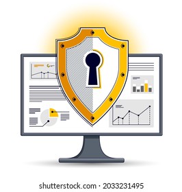 Shield over computer monitor, private data security concept, antivirus or firewall, finance protection, vector flat thin line design, elements can be used separately.