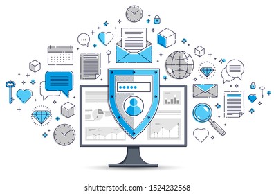 Shield over computer monitor and set of icons, private data security concept, antivirus or firewall, finance protection, vector flat thin line design, elements can be used separately.