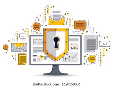 Shield over computer monitor and set of icons, private data security concept, antivirus or firewall, finance protection, vector flat thin line design, elements can be used separately.