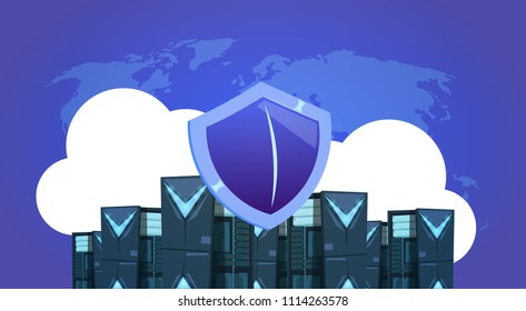 shield over data storage cloud synchronization center with hosting servers and staff. Computer technology, network and database, internet center, communication support, flat
