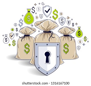 Shield over money bags, savings insurance, safe business, financial protection concept, investments credits and deposit banking idea, vector design.