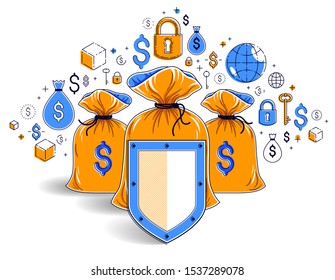 Shield over money bags, savings insurance, safe business, financial protection concept, investments credits and deposit banking idea, vector design.