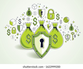 Shield over money bags, savings insurance, safe business, financial protection concept, investments credits and deposit banking idea, vector design.