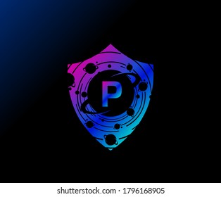 Shield P Letter Design. Planet Protection Logo Concept. Creative Galaxy Guard icon.