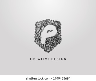 Shield P Letter Logo. Abstract hand drawn shield stroke line shape with negative space of letter P. Modern, minimalist and retro concept design. 
