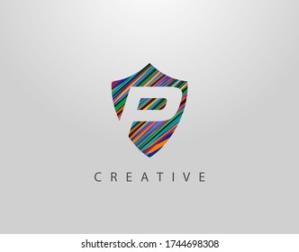 Logo de la letra Escudo P. Diseño geométrico abstracto moderno, compuesto por varias tiras coloridas  