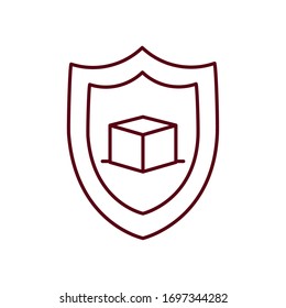shield with package box icon over white background, line and fill style, vector illustration